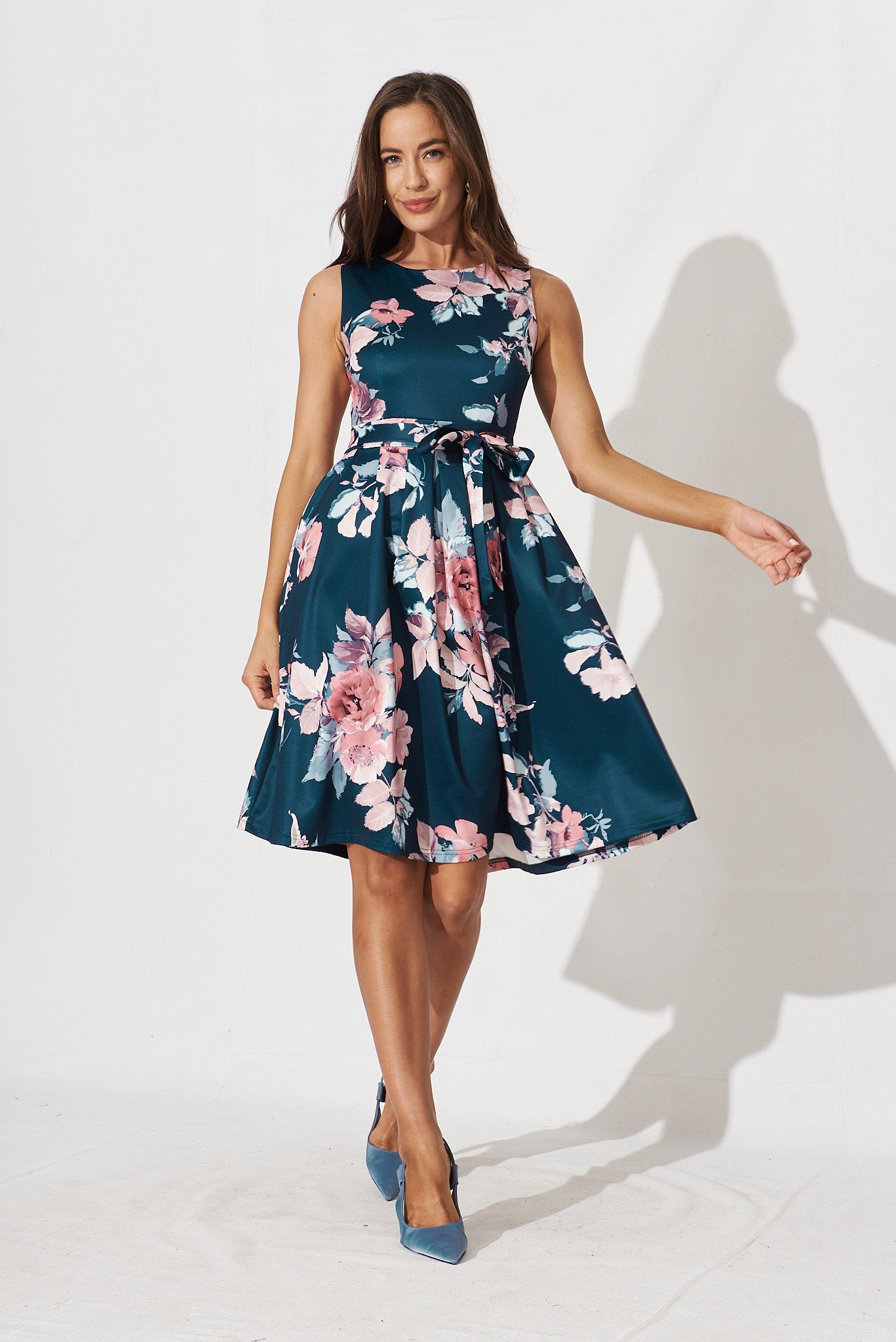 Jardin Dress In Teal With Blush Floral - full length