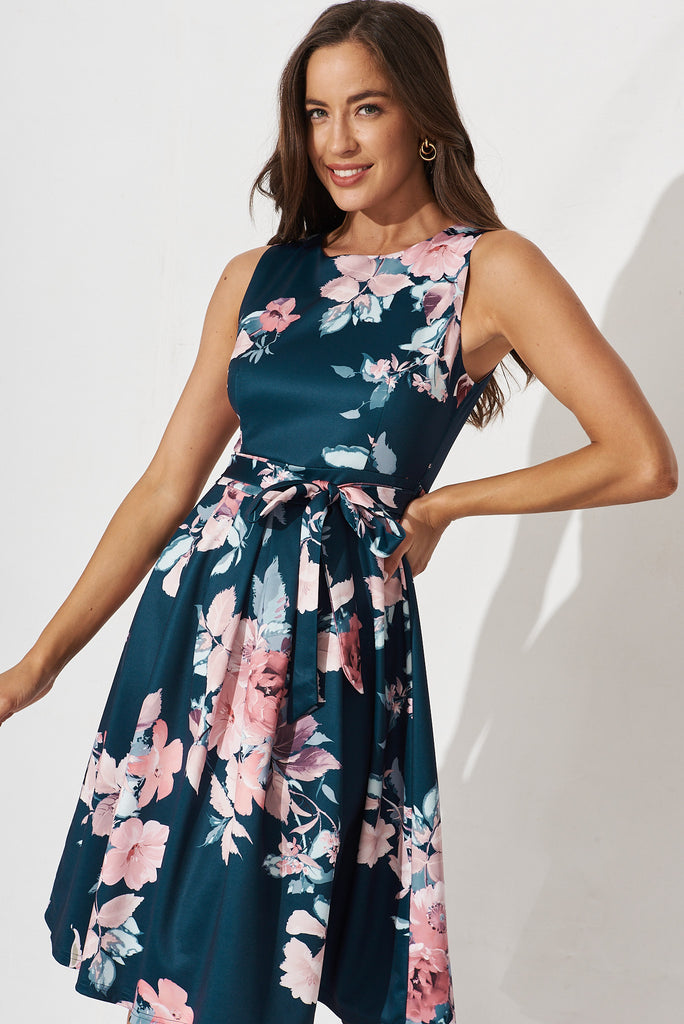 Jardin Dress In Teal With Blush Floral - front