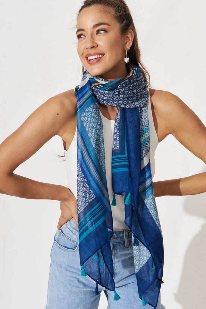 August + Delilah Wild Side Scarf In Navy Patchwork - front