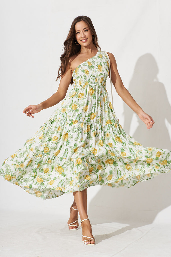 Hannary Midi Dress In White With Yellow Pineapple Print