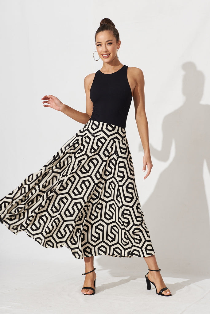 Brandsy Maxi Skirt In Cream With Black Geometric Print