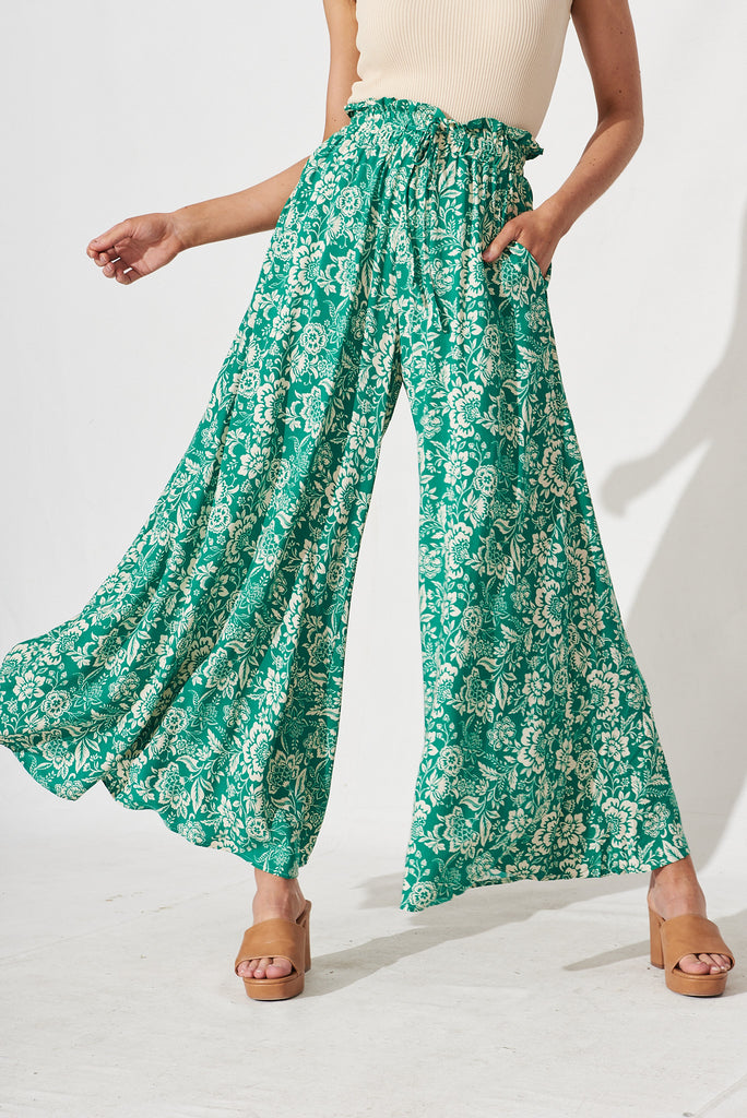 Mariah Pants In Green With Cream Floral - front