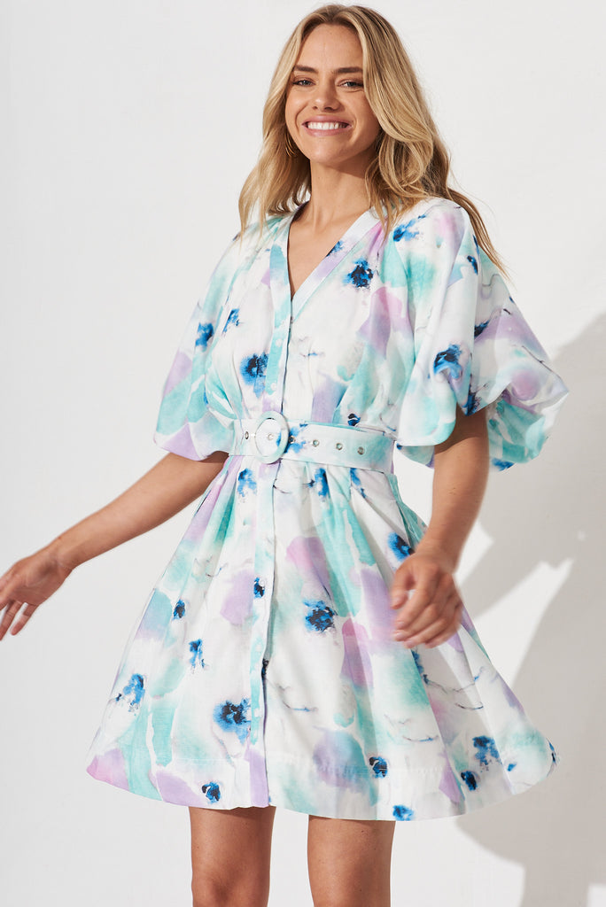 Teagan Dress In White With Blue And Lilac Watercolour Linen Blend - front