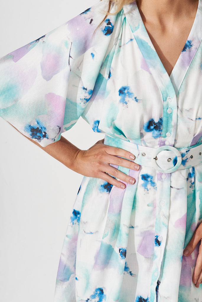 Teagan Dress In White With Blue And Lilac Watercolour Linen Blend - detail