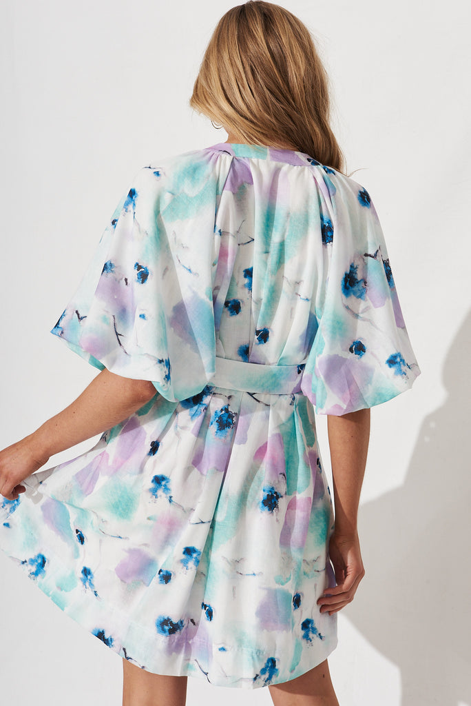Teagan Dress In White With Blue And Lilac Watercolour Linen Blend - back