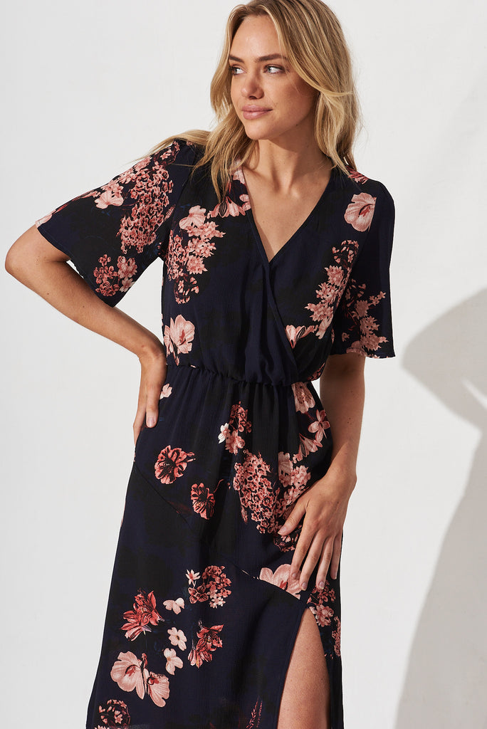 Helena Dress in Navy with Blush Floral - front