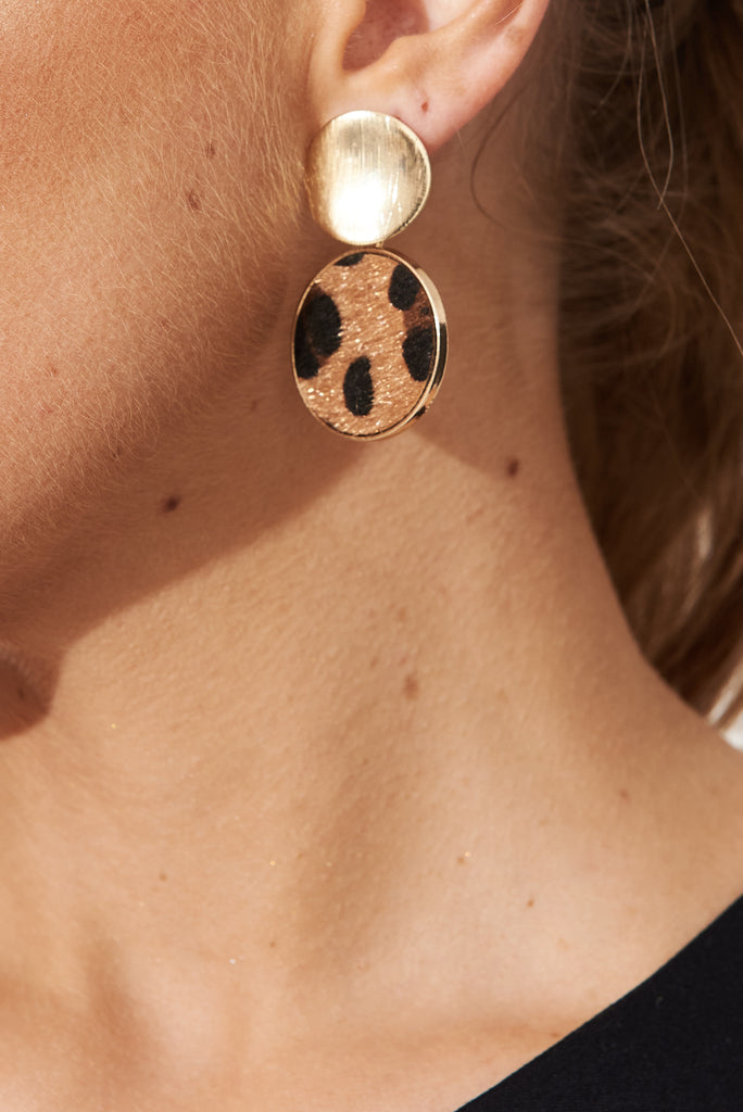 August + Delilah Giza Earrings In Brown Leopard Print - side close up