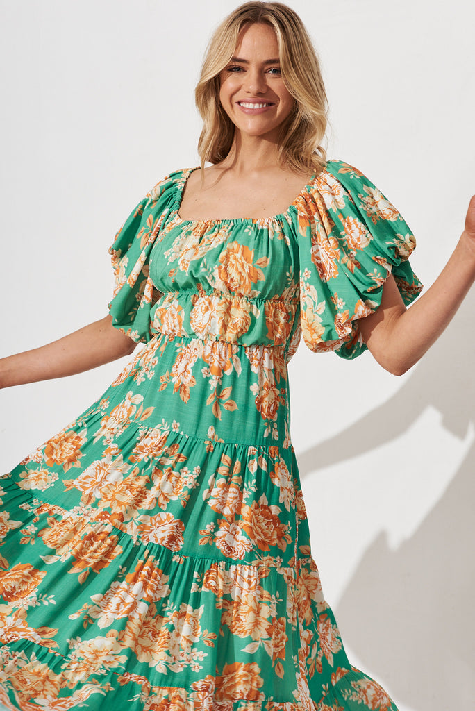 Charlotta Midi Dress In Teal With Orange Floral - front