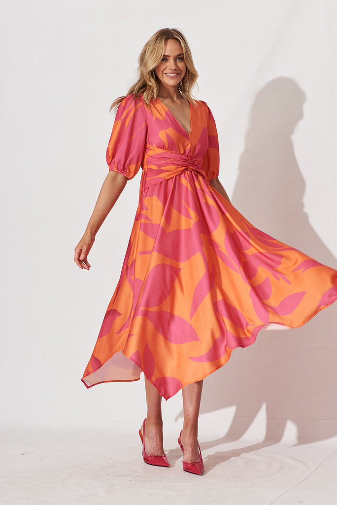 Bloomin Midi Dress In Pink With Orange Leaf - full length
