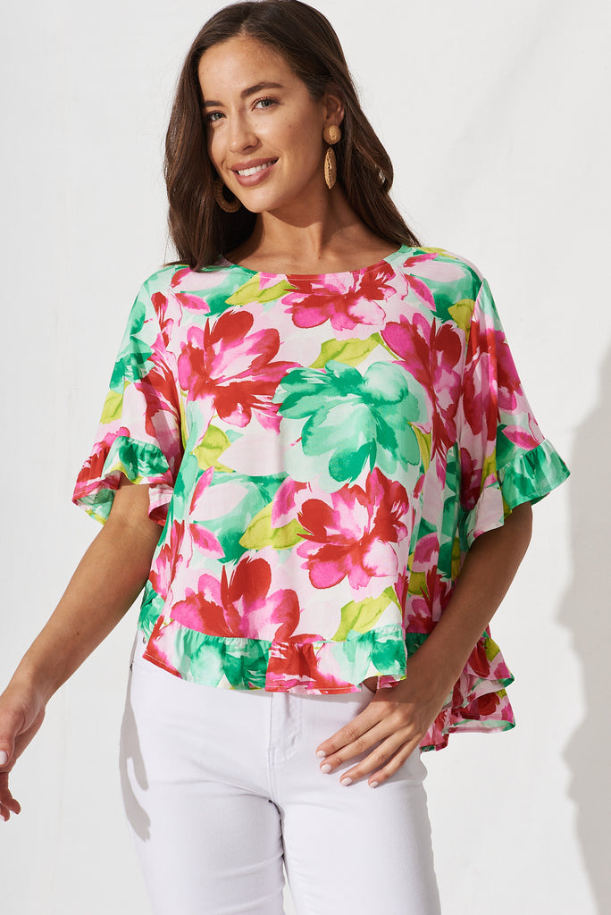 Oceania Top In Pink With Green Floral - front