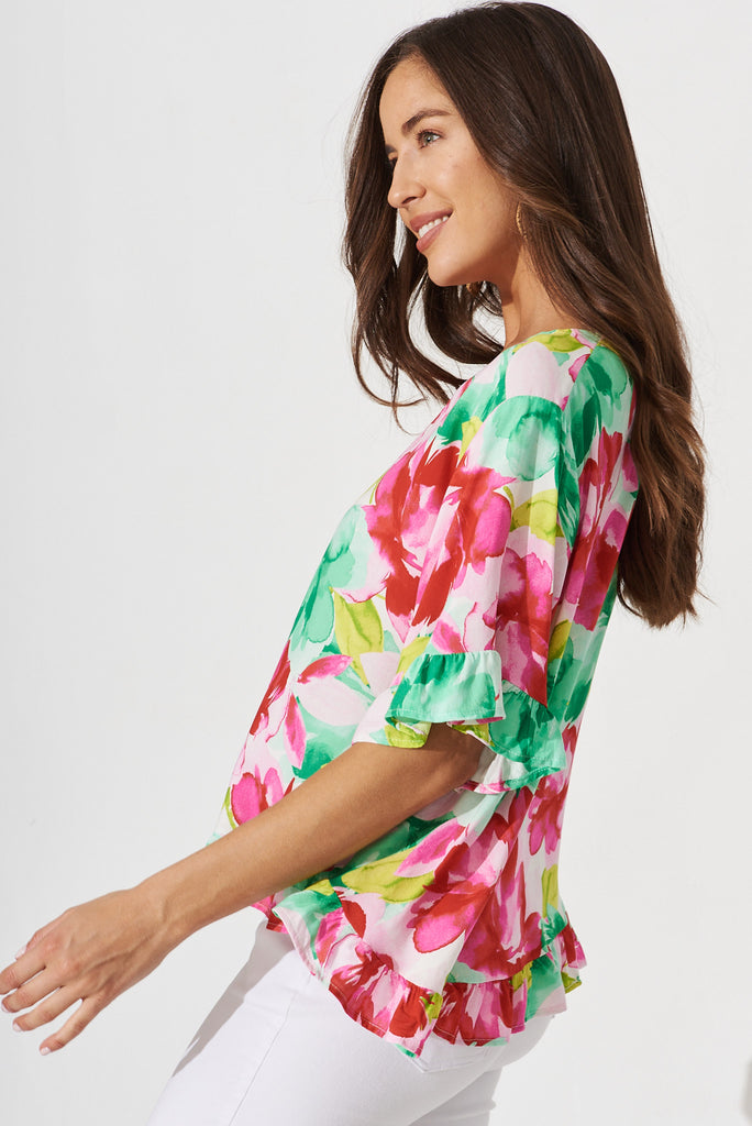 Oceania Top In Pink With Green Floral - side