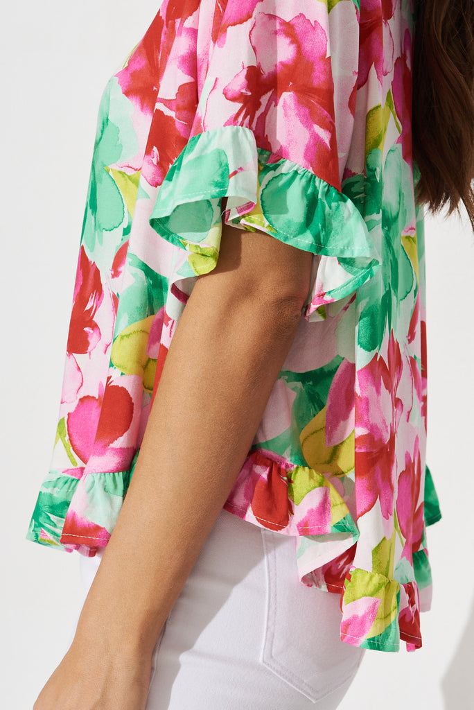 Oceania Top In Pink With Green Floral - detail