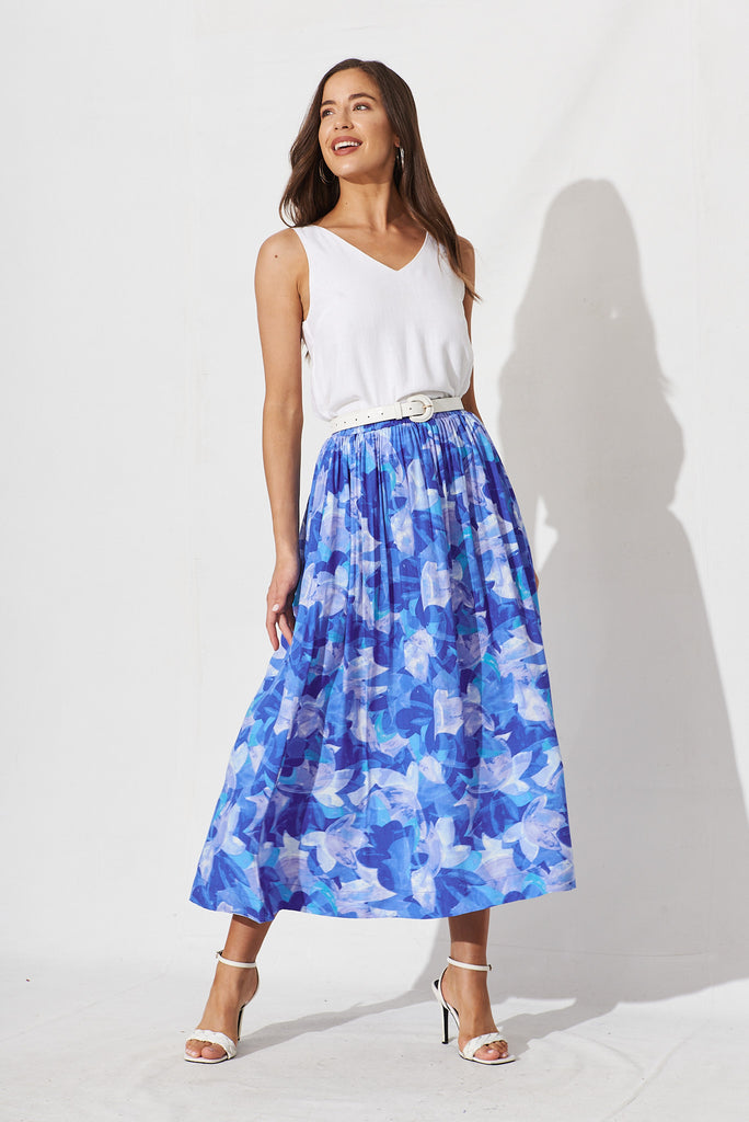High Tea Skirt In Blue Geometric Floral - full length