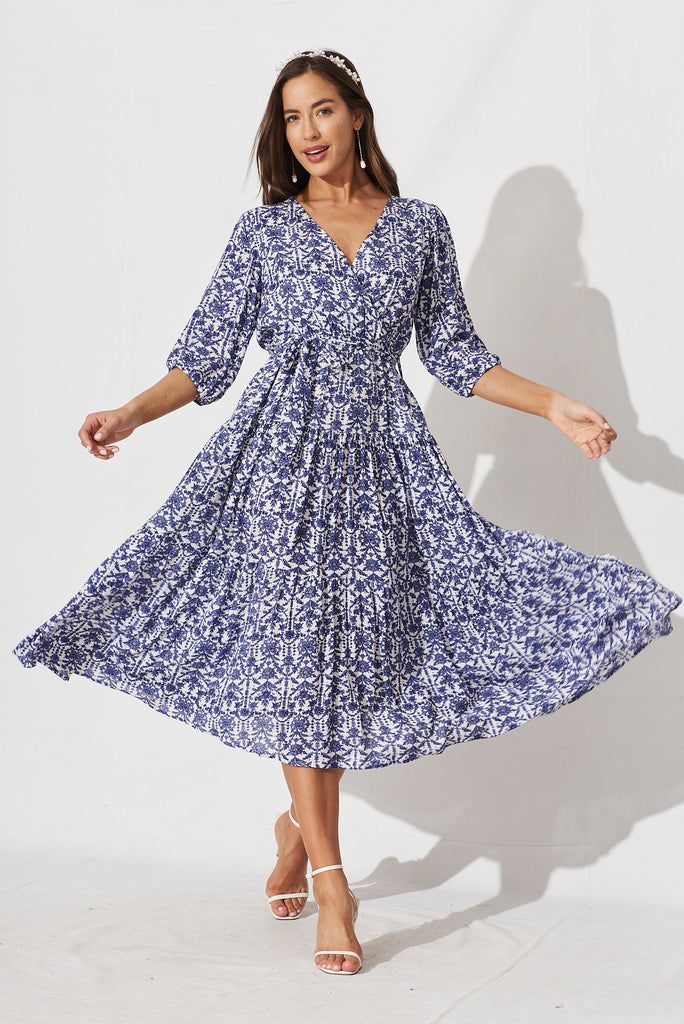 Kintan Midi Dress In White With Blue Floral - full length