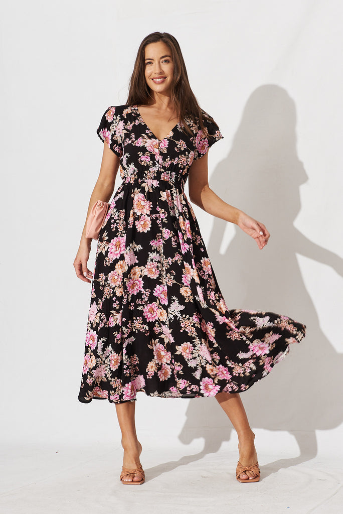 Coreen Maxi Dress In Black With Mauve Floral - full length