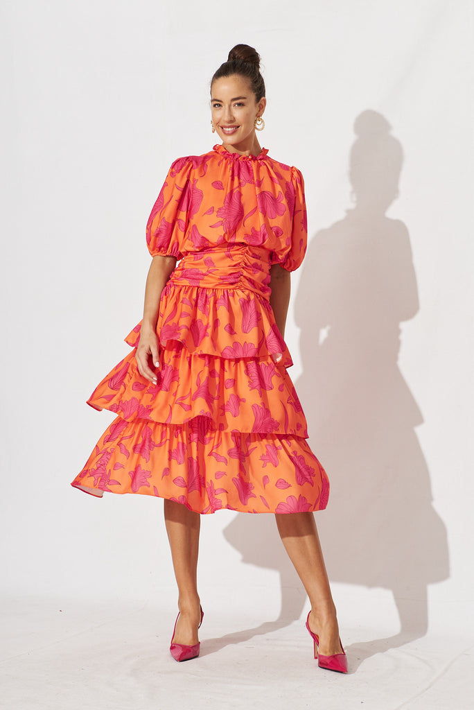 Alexiah Midi Dress In Coral With Pink Floral - full length