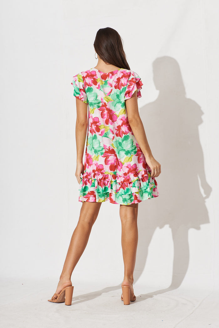 Raya Shift Dress In Pink With Green Floral - back