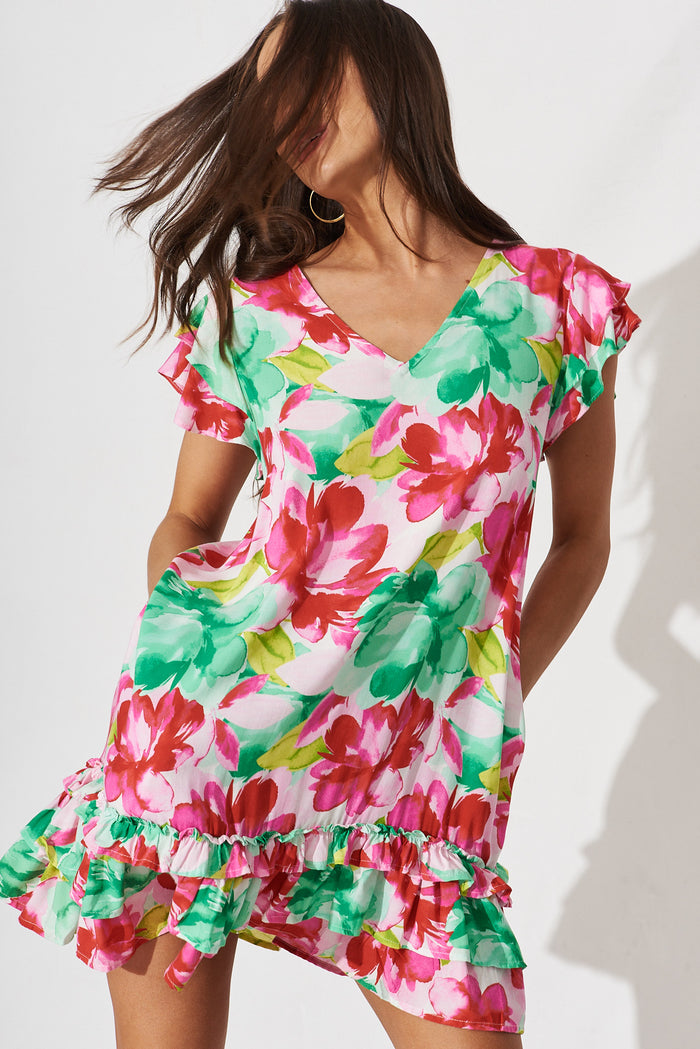 Raya Shift Dress In Pink With Green Floral - front