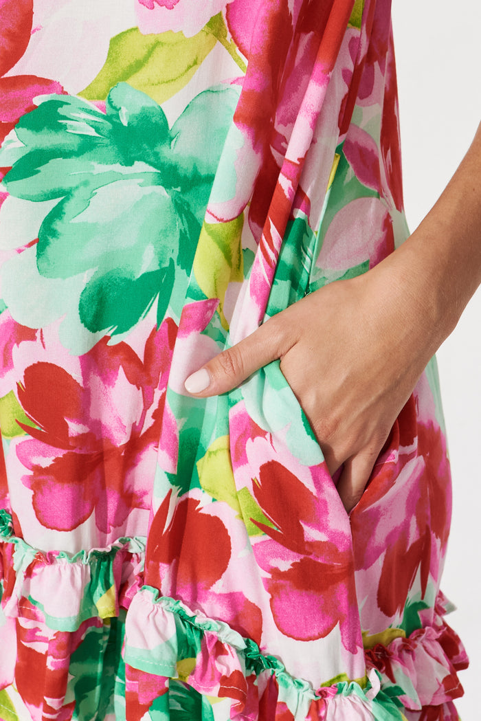 Raya Shift Dress In Pink With Green Floral - detail