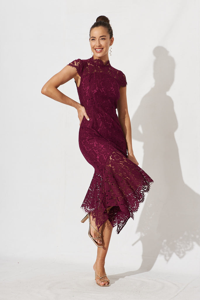 Emilise Midi Dress In Burgundy Lace - full length