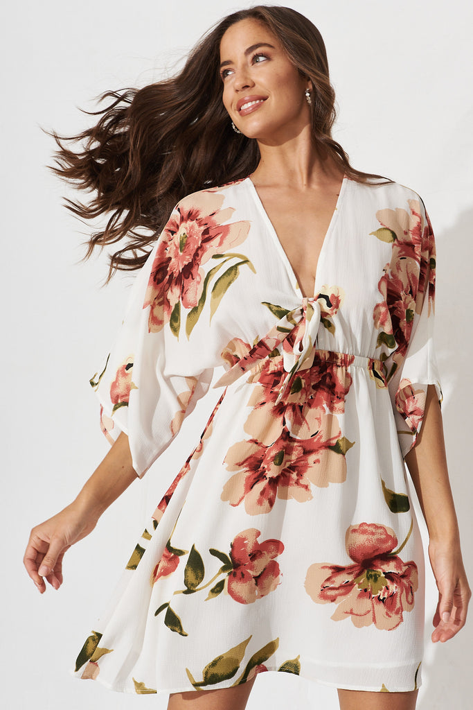 Ava Dress In White With Rust Floral - front