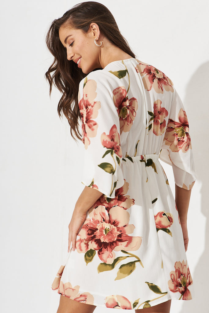 Ava Dress In White With Rust Floral - back