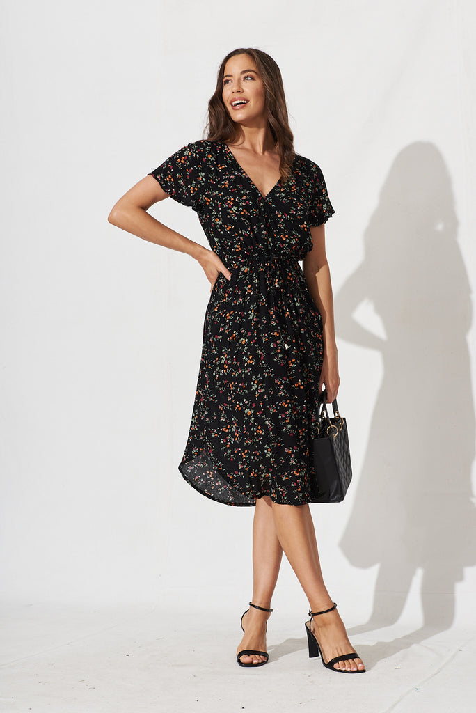 Billie Dress In Black With Multi Ditsy Floral - full length