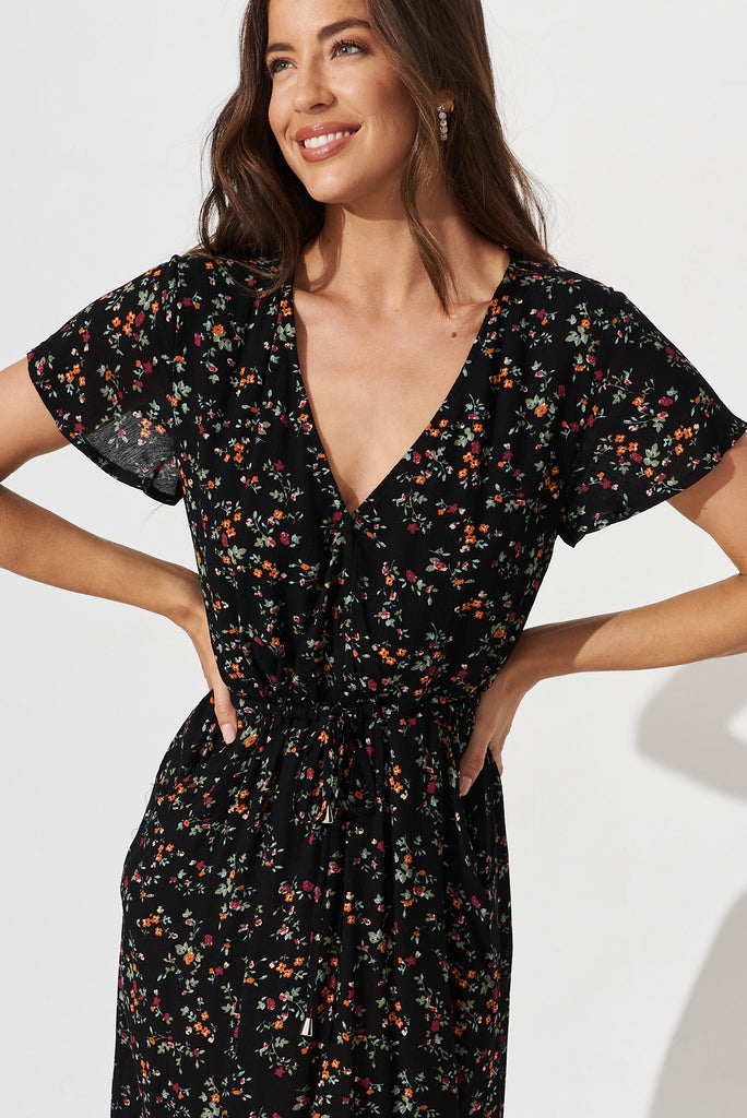 Billie Dress In Black With Multi Ditsy Floral - front