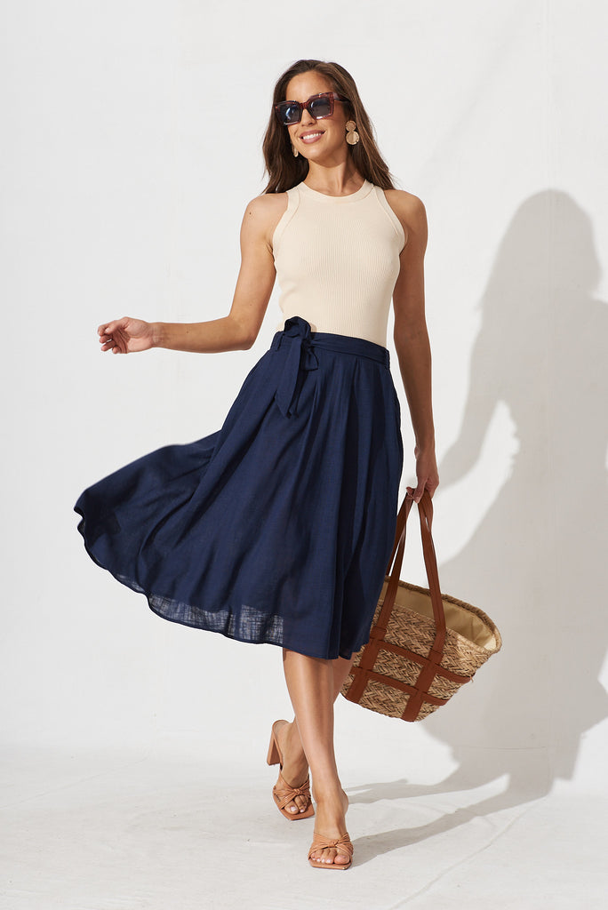 Bailey Midi Skirt In Navy Linen - full length