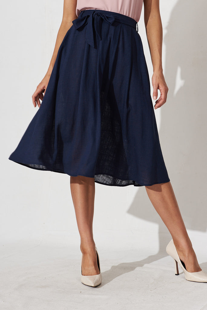 Bailey Midi Skirt In Navy Linen - front