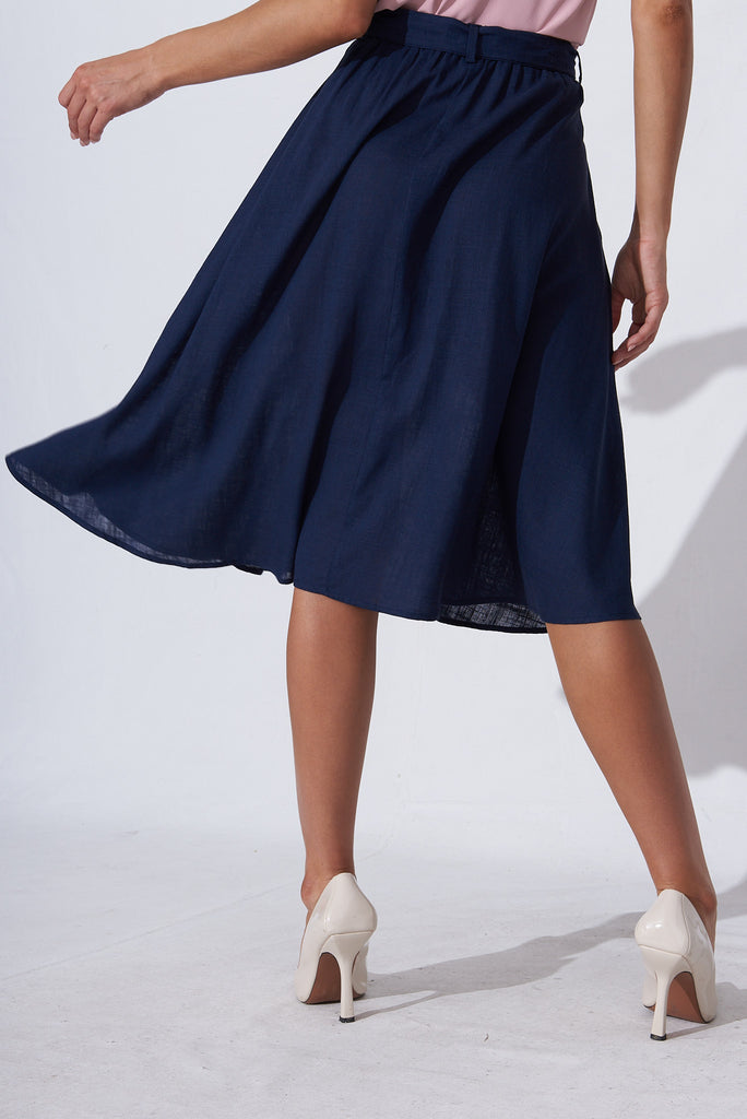 Bailey Midi Skirt In Navy Linen - back