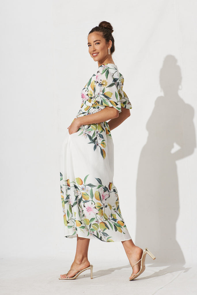Camille Maxi Dress In White With Yellow Print - side