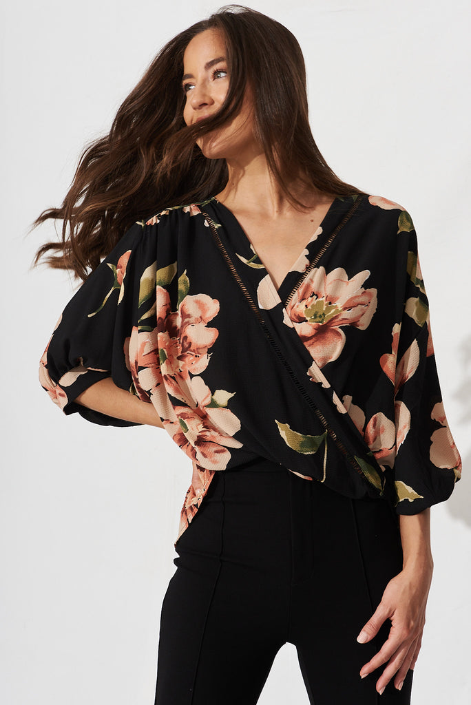 Marliboo Mock Wrap Top In Black With Blush Floral - front