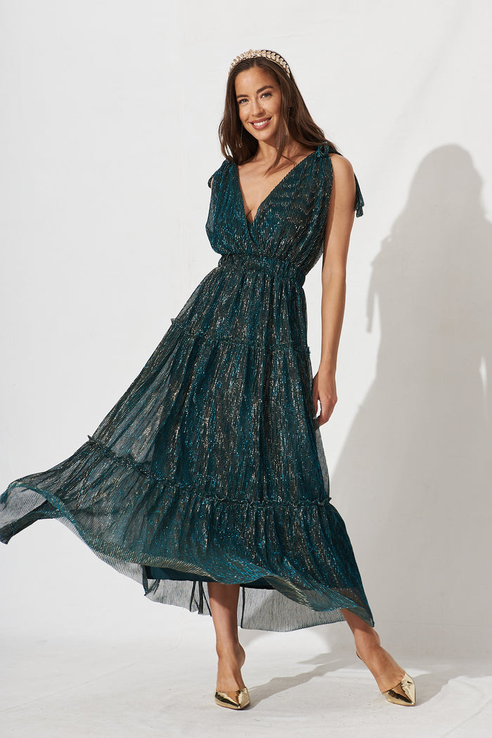 Annetta Maxi Dress In Emerald Lurex - full length