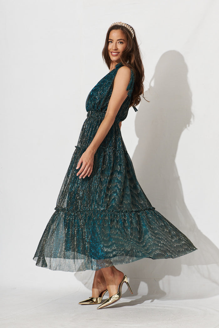 Annetta Maxi Dress In Emerald Lurex - side