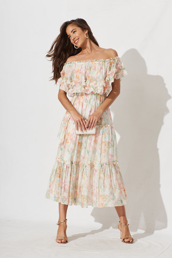 Franc Midi Dress In White With Pastel Multi Chiffon - full length