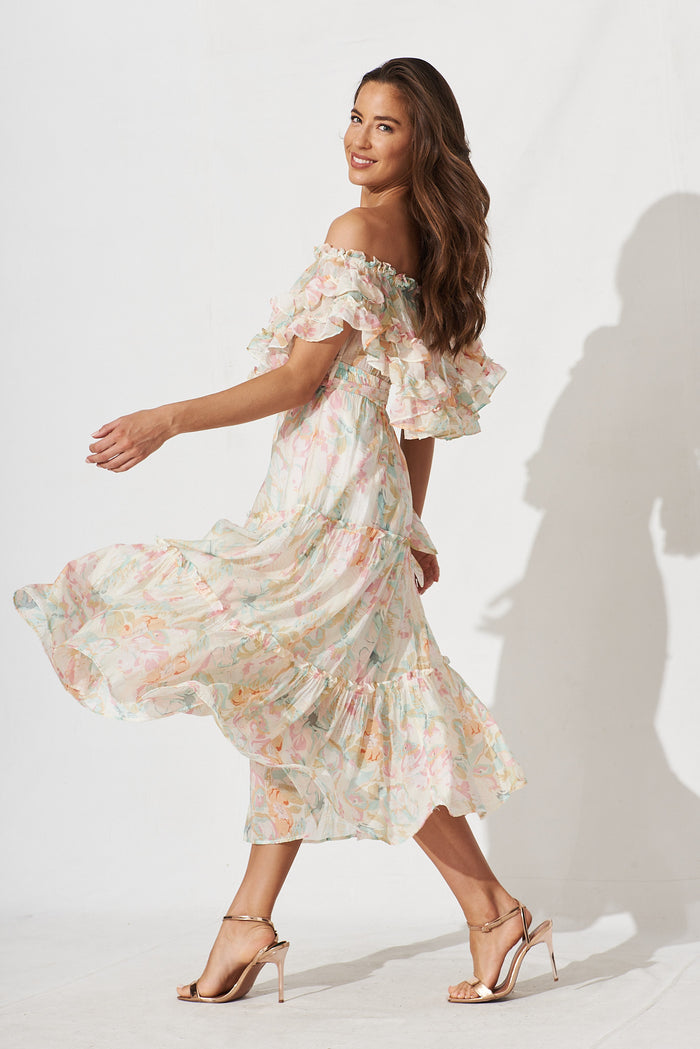 Franc Midi Dress In White With Pastel Multi Chiffon - side