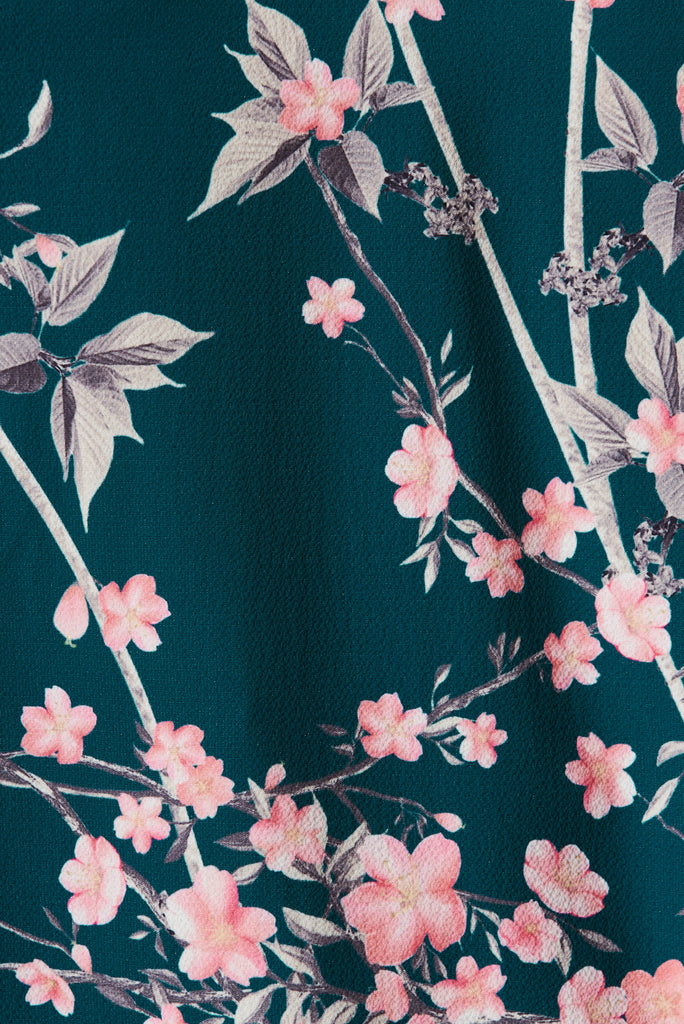 Jina Top In Teal With Pink Cherry Blossom - fabric
