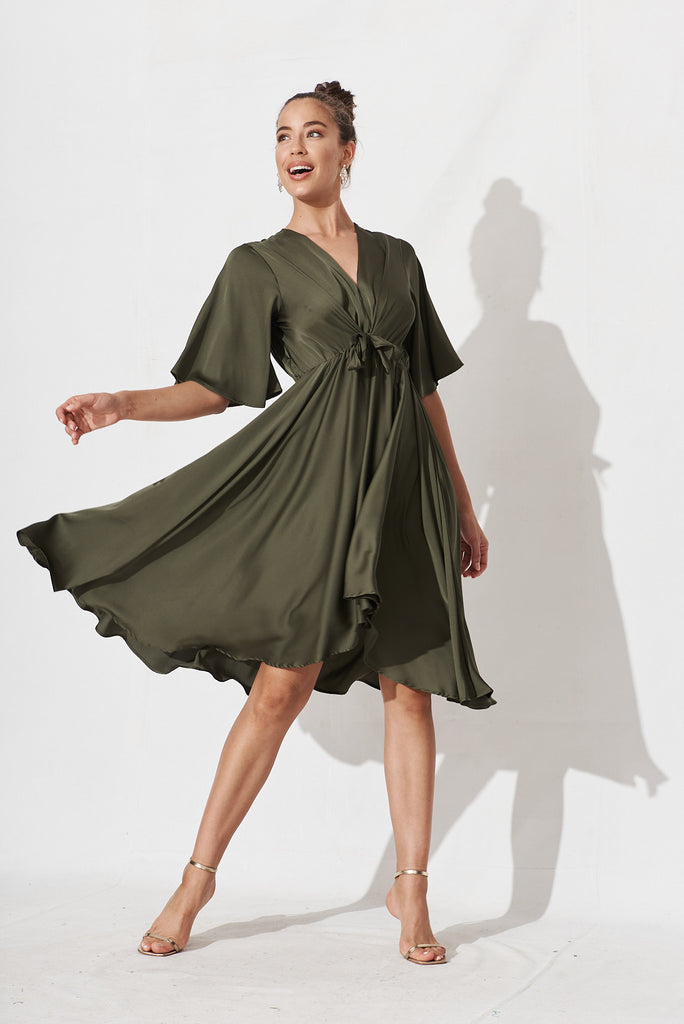 Helsinki Dress In Olive Green Satin - full length