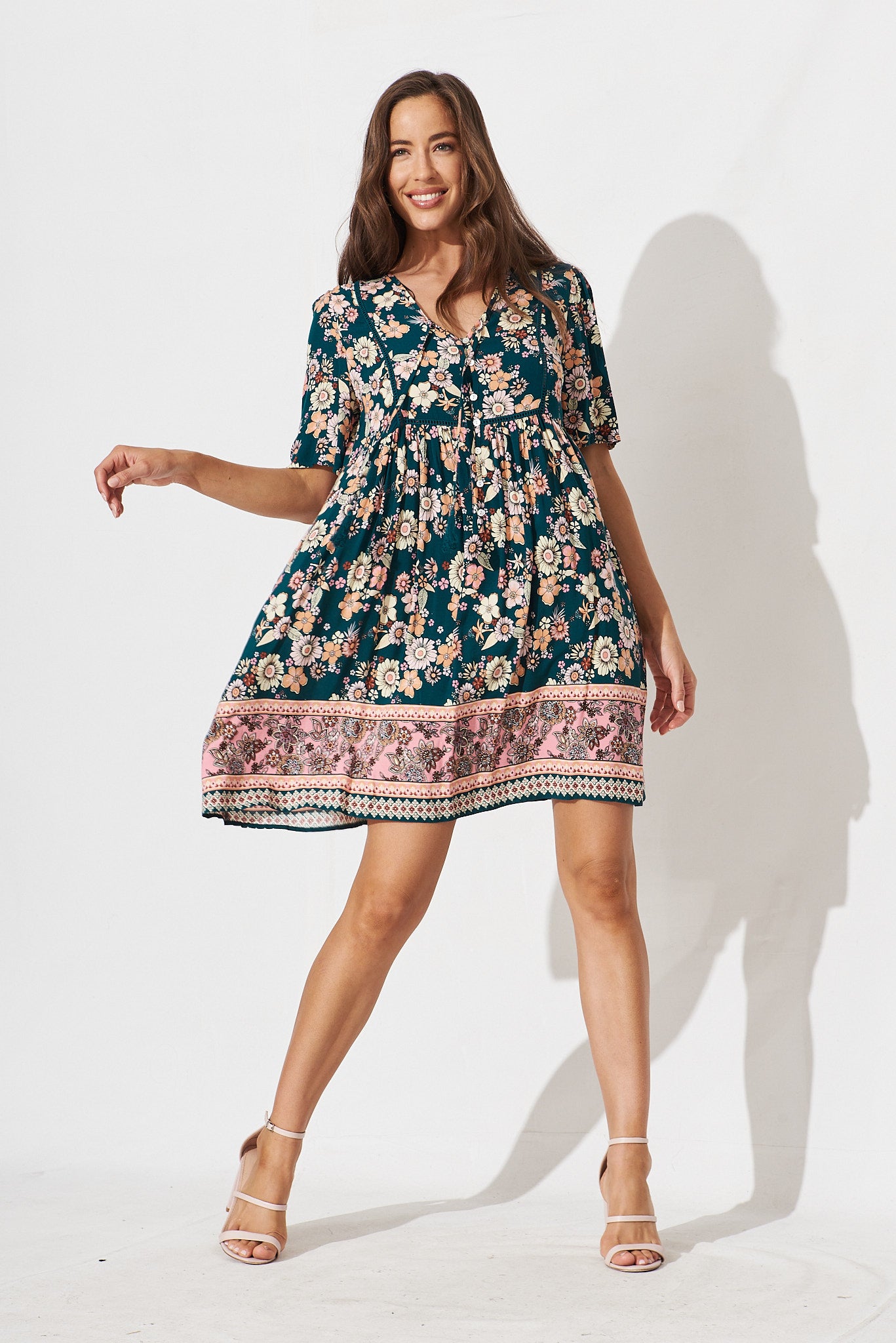 Shake It Out Smock Dress In Teal With Boho Floral - full length
