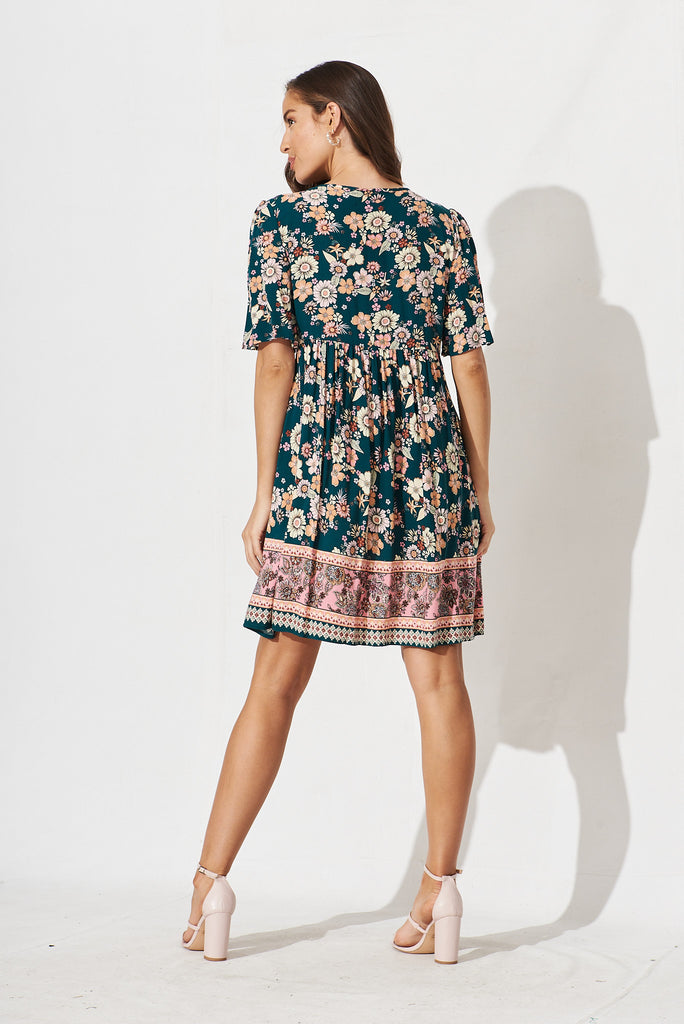 Shake It Out Smock Dress In Teal With Boho Floral - back