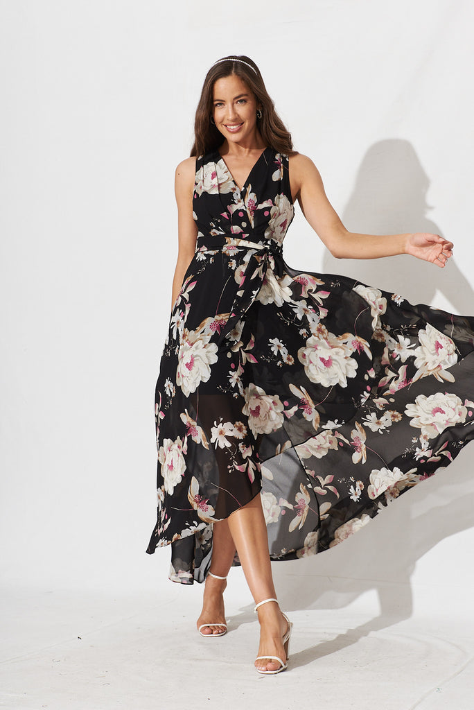 Desiree Maxi Dress In Black Floral Chiffon - full length
