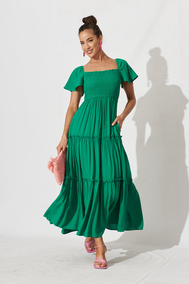 Annabeth Shirred Maxi Dress In Green – St Frock