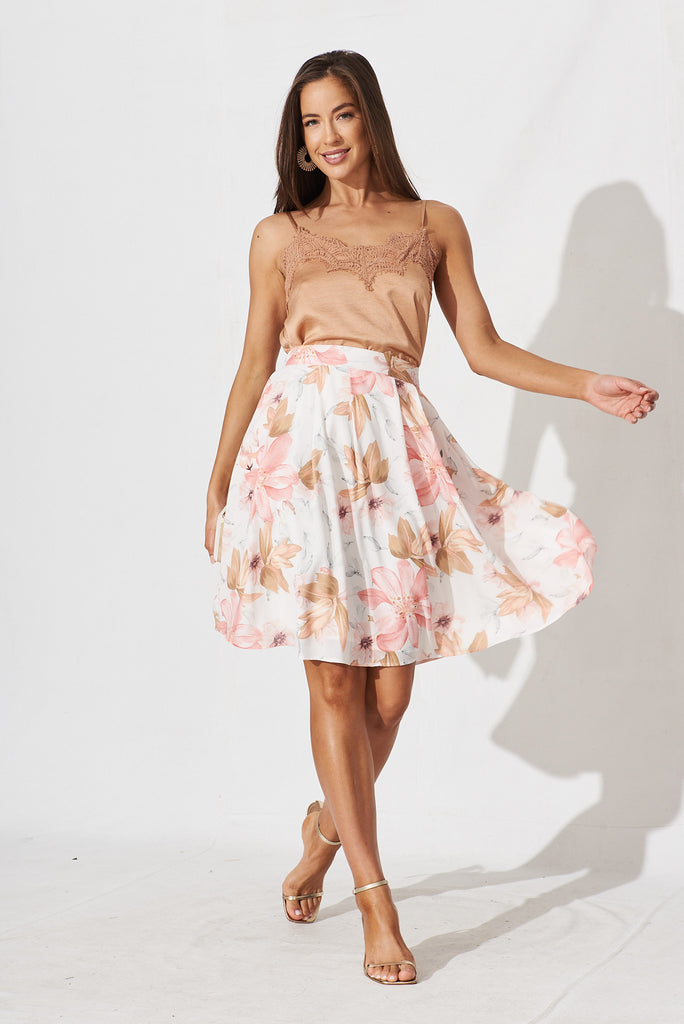 Babe Skirt In White With Peach Floral - full length