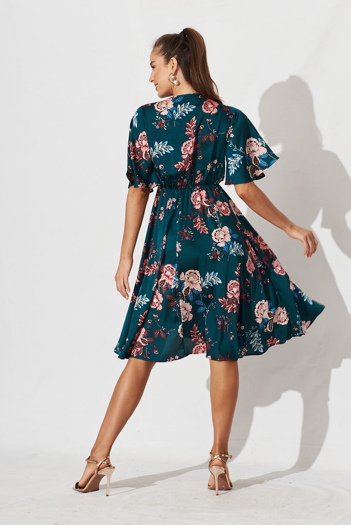 Helsinki Dress In Green With Blush Floral - back