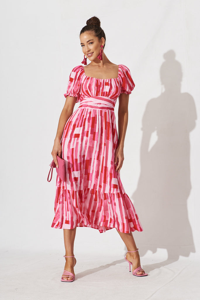 Candie Midi Dress In Red With Pink Print - full length