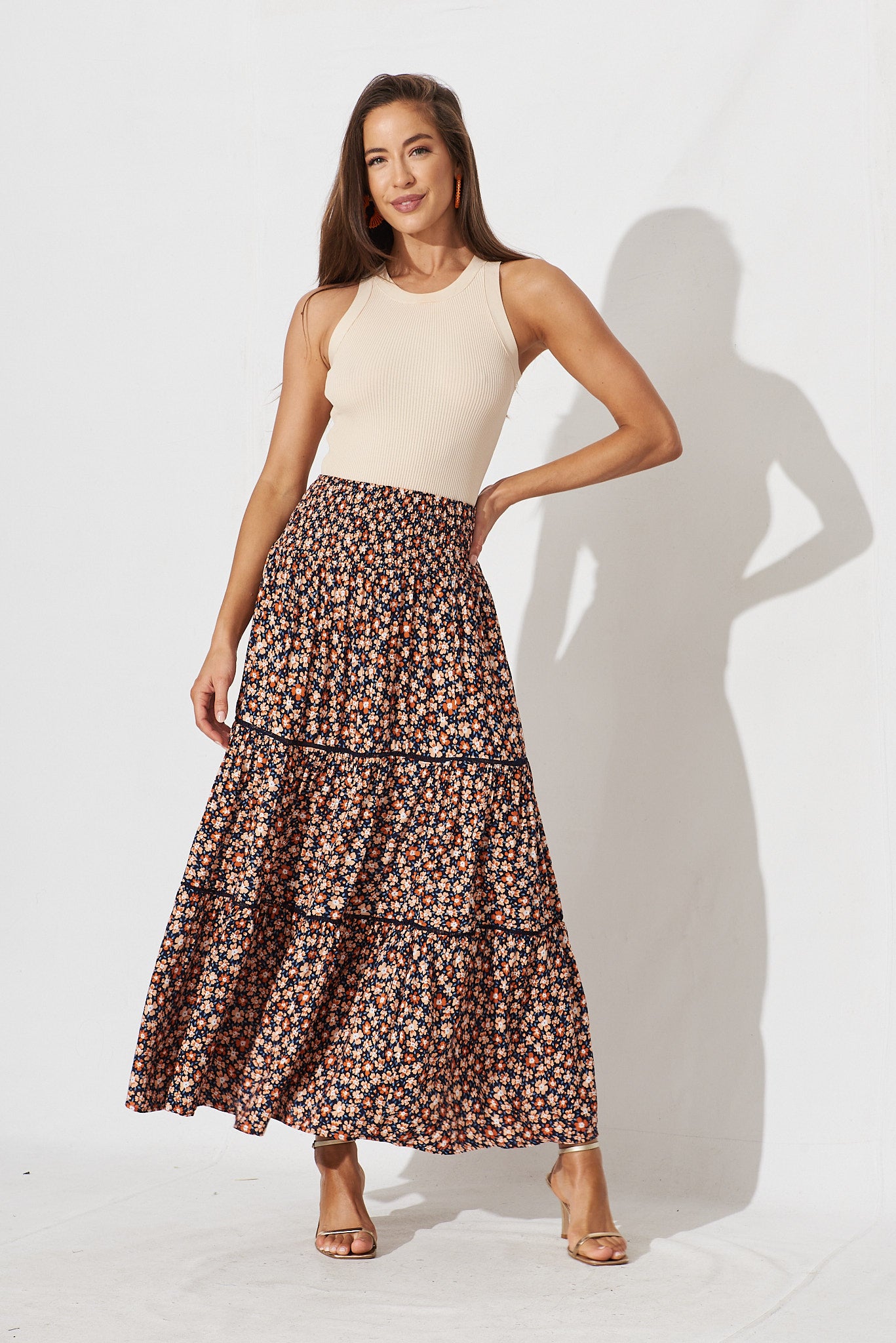 Monaco Maxi Skirt In Navy With Ditsy Floral - full length