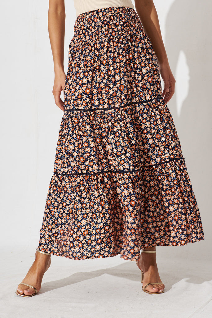 Monaco Maxi Skirt In Navy With Ditsy Floral - front