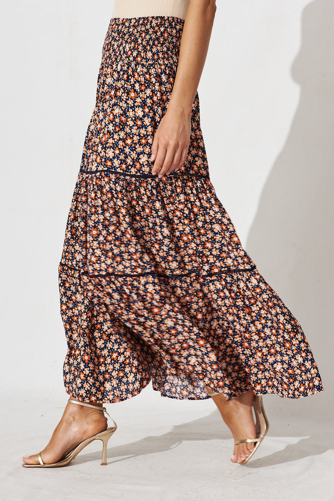 Monaco Maxi Skirt In Navy With Ditsy Floral - side