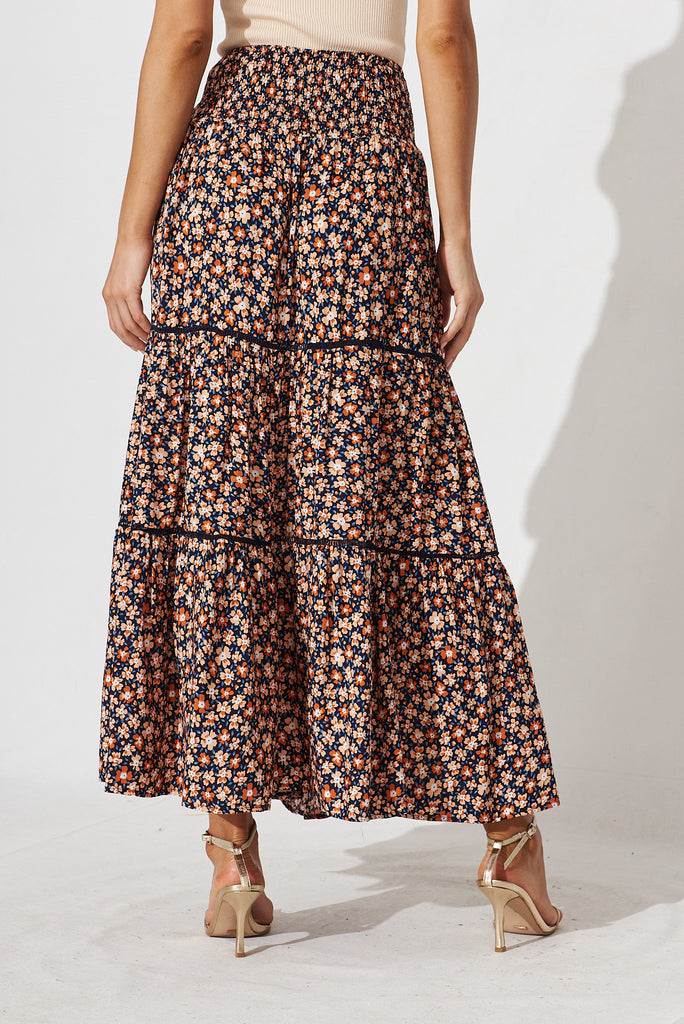 Monaco Maxi Skirt In Navy With Ditsy Floral - back